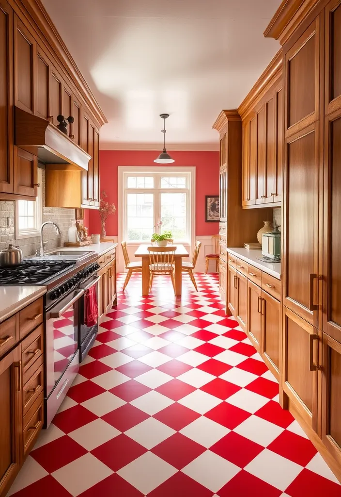 27 Vibrant Kitchen Flooring Ideas to Complement Oak Cabinets - 4. Bold Red Checkerboard