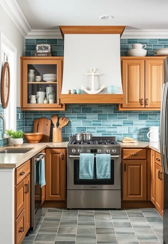 27 Vibrant Kitchen Flooring Ideas to Complement Oak Cabinets - 5. Ocean-Inspired Teal Tiles