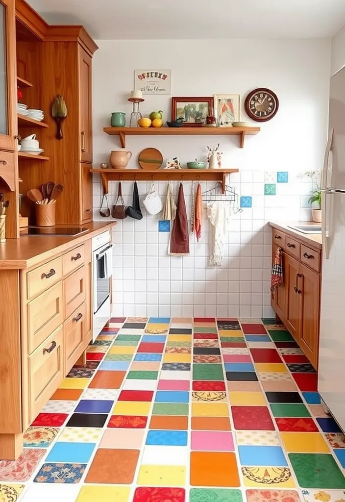 27 Vibrant Kitchen Flooring Ideas to Complement Oak Cabinets - 6. Vibrant Multicolored Mosaic