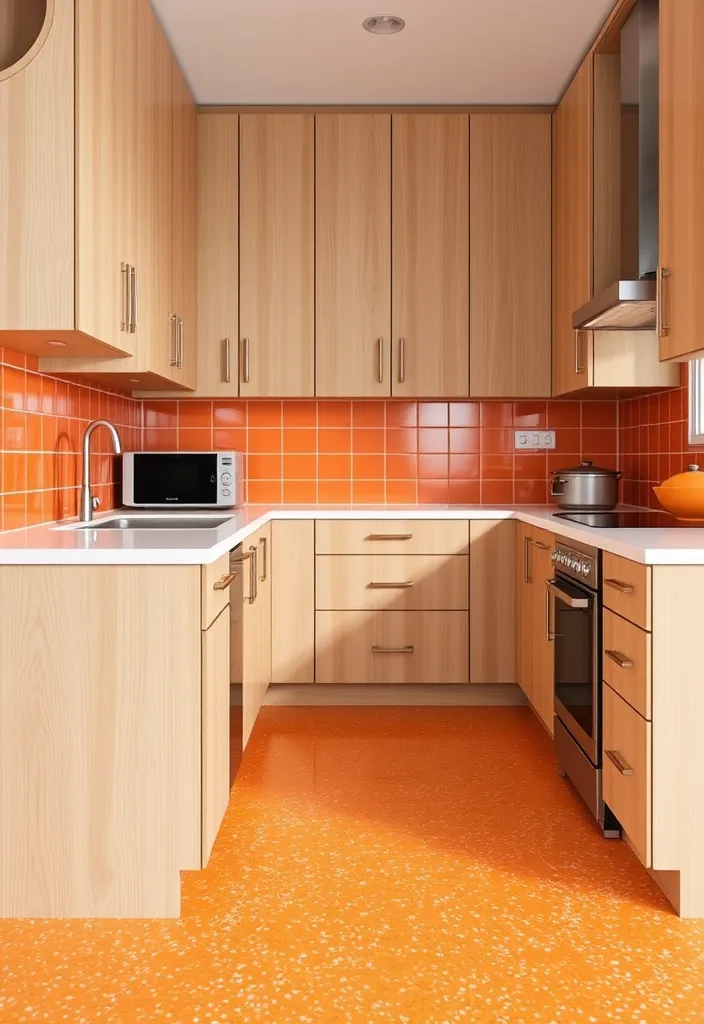 27 Vibrant Kitchen Flooring Ideas to Complement Oak Cabinets - 8. Bright Orange Terrazzo