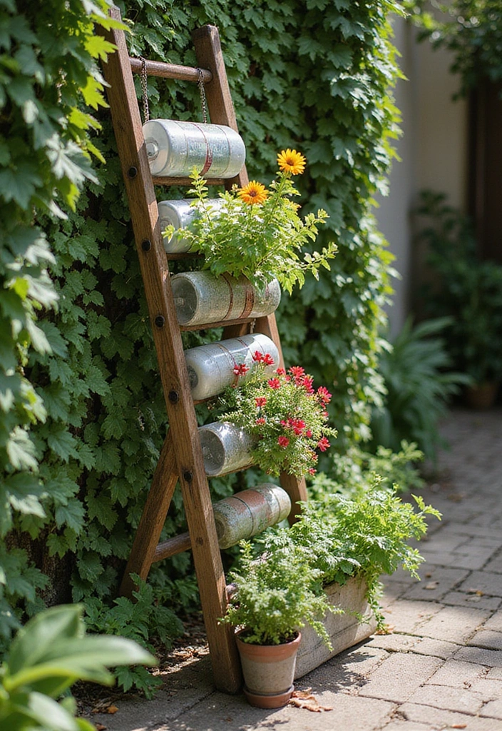 22 Bottle Plants Ideas for Stunning Recycled Bottle Vertical Gardens - 4. DIY Vertical Garden Ladder