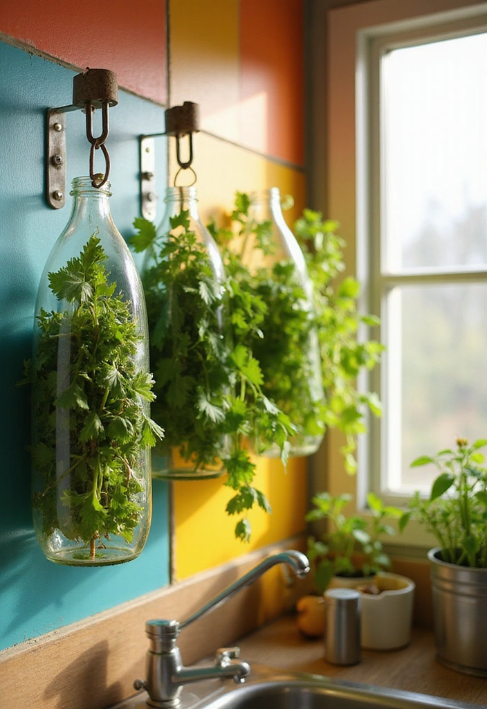22 Bottle Plants Ideas for Stunning Recycled Bottle Vertical Gardens - 5. Hanging Bottle Herb Garden