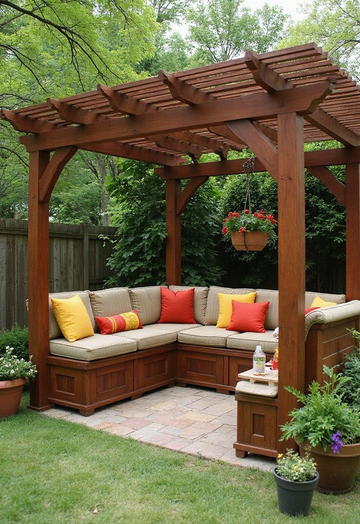 22 Garden Pergola Ideas - 5. Pergola with Built-in Seating