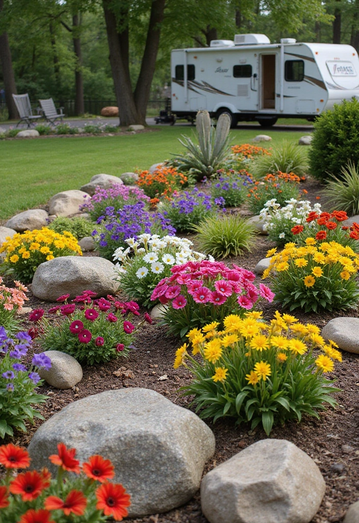 22 RV Yard Ideas for Outdoor Living - 14. Vibrant Flower Beds