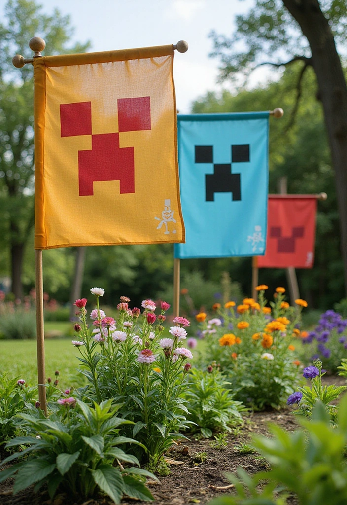 24 Minecraft Garden Ideas - 20. Themed Garden Flags