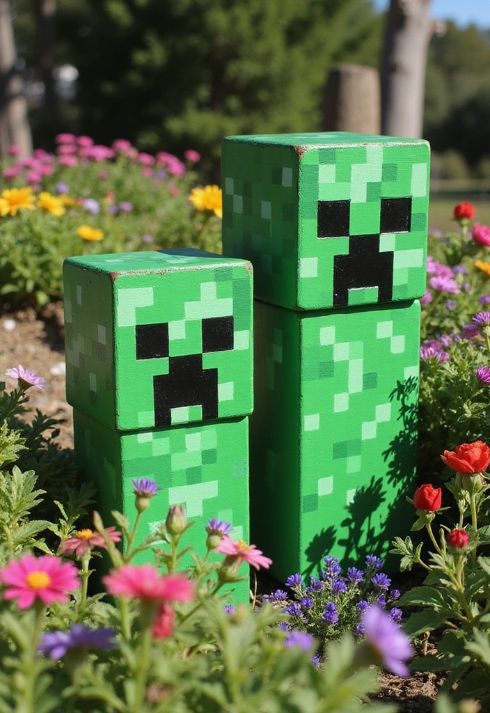 24 Minecraft Garden Ideas - 4. Creeper Garden Statues