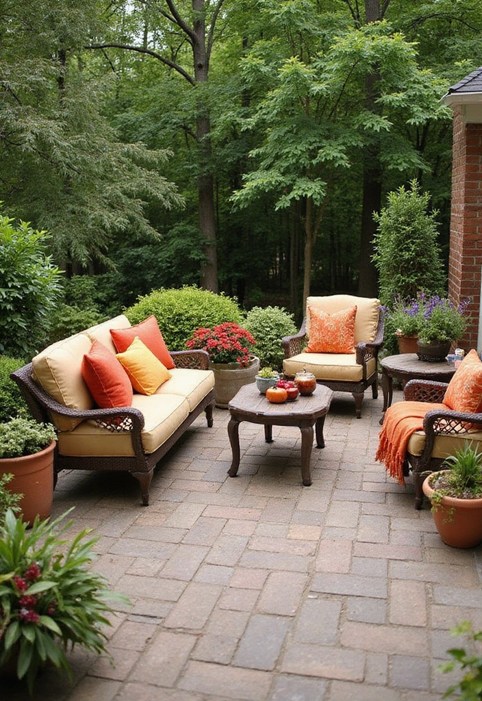 24 Paver Patio Ideas for Sustainable Outdoor Living - 24. Paver Patio with Seasonal Decor