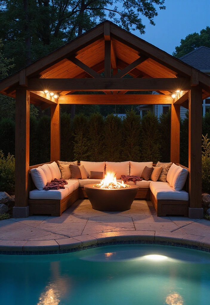 25 Pool Pavilion Ideas for Luxurious Outdoor Living - 6. Cozy Fire Pit Pavilion